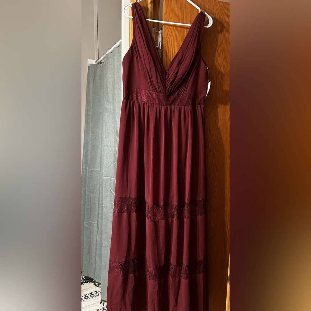 David's Bridal Burgundy Maxi Dress with Lace Accents